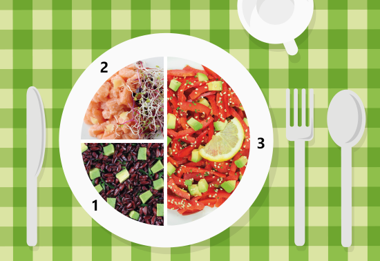 Piatto unico: peperoni rossi con avocado, tartare di salmone e riso Venere